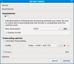 VLC Stream Output Destinations HTTP Add